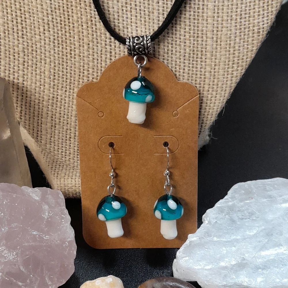 Glass mushroom earring and necklace set - Picture 1 of 5